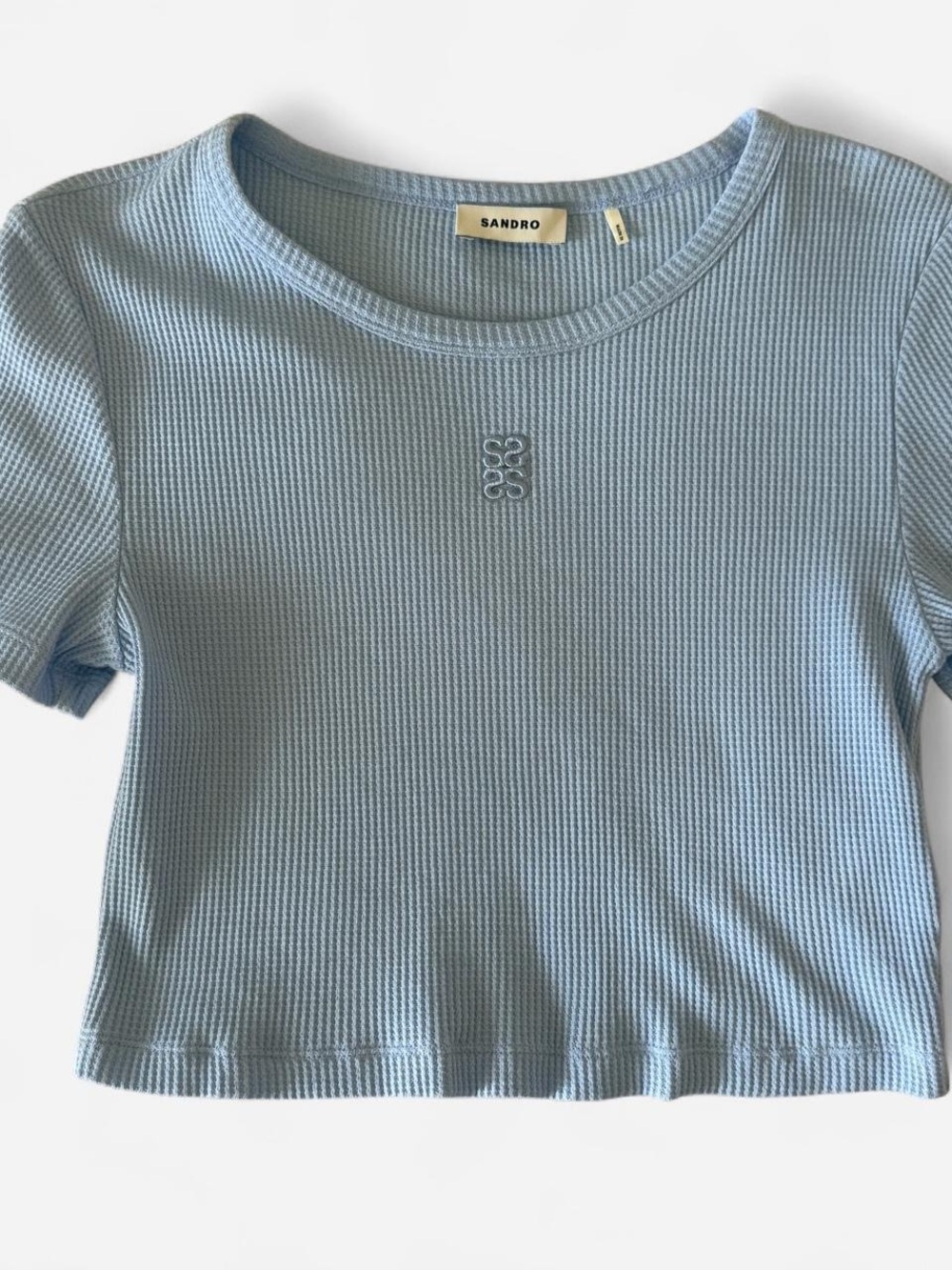 Sandro Pale Blue Waffle Knit Tee with Embroidered Logo